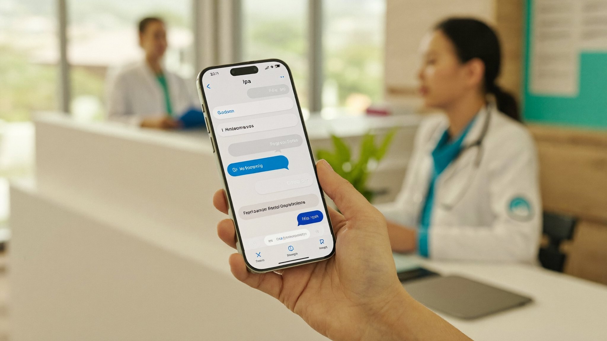 Mão segurando um smartphone com uma conversa aberta em uma clínica moderna