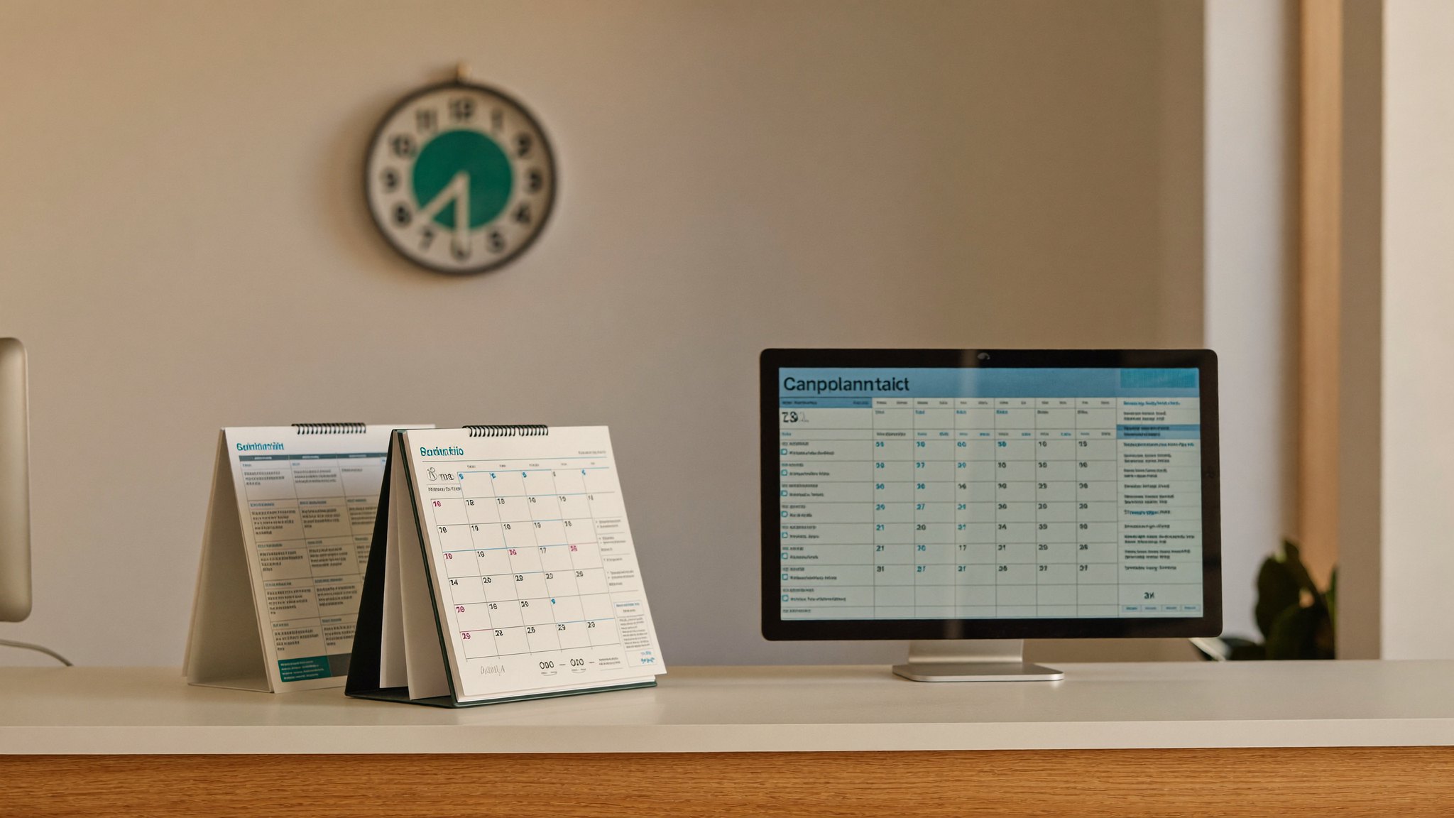 Recepção de clínica moderna com agenda de consultas sobre o balcão